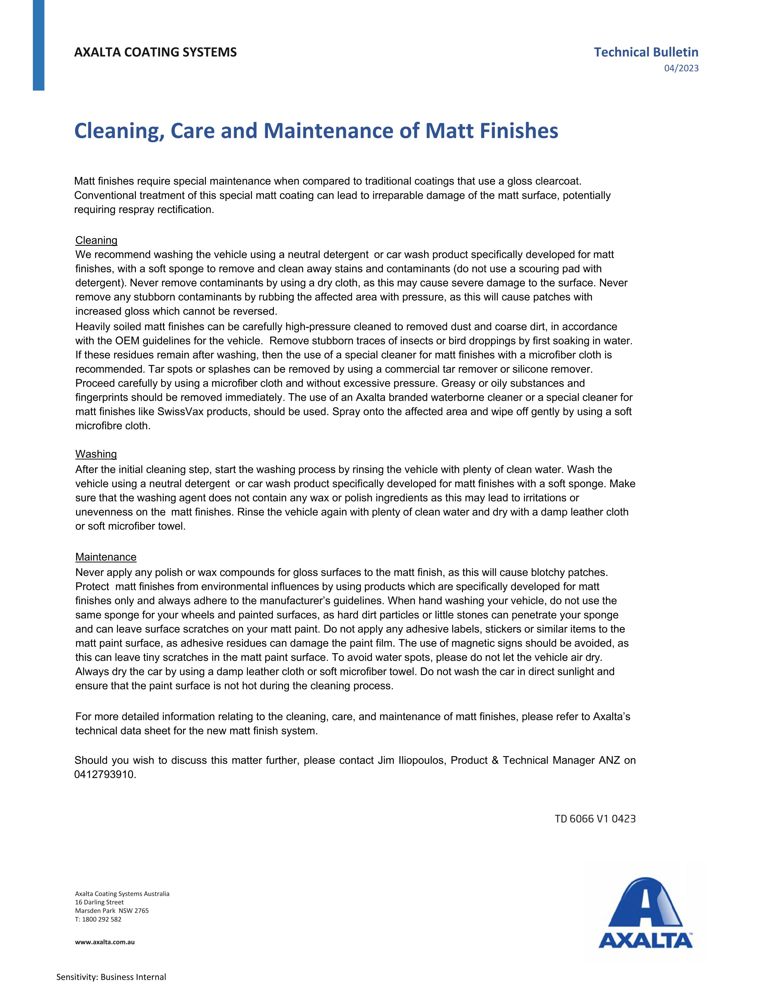 Microsoft Word - TD6066 Cleaning Care and Maintainence of Matt Finishes V1 0423_CT comment (003)