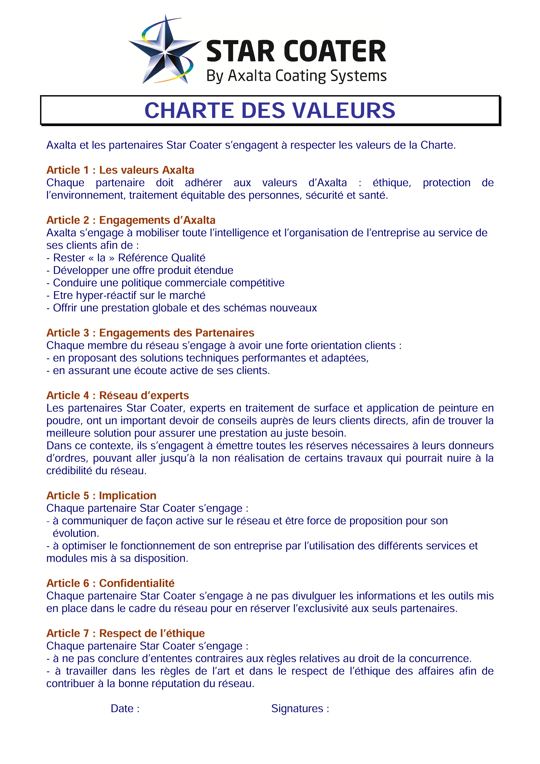 Charte des Valeurs Star Coater V8